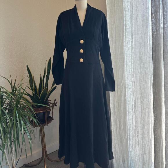 Andrea Jovine Women’s Medium Dress Black Wool Midi Gold Button 80s Minimalist - Picture 1 of 3